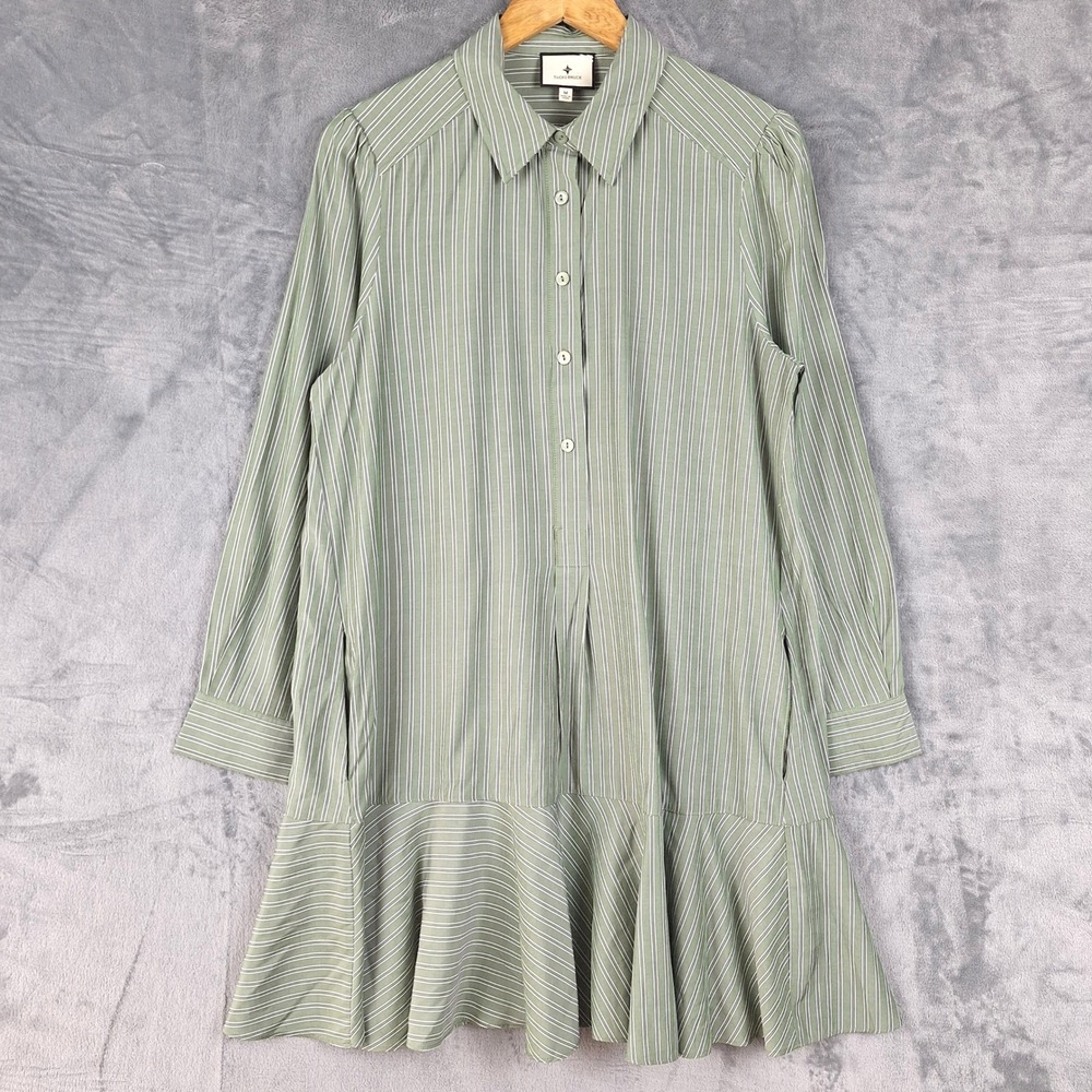 Tuckernuck Shirt Dress Medium Callahan Striped Lagenlook Ruffle Mini Pockets